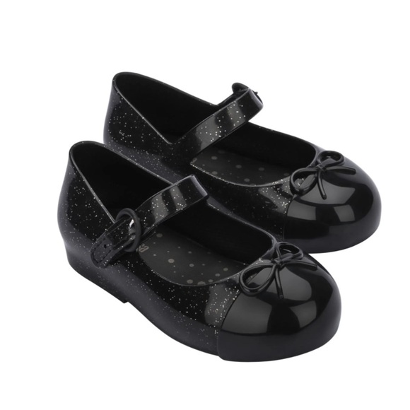 Mini Melissa Sweet Love Flat BLACK GLITTER SILVER, Size 12 M - Picture 1 of 1